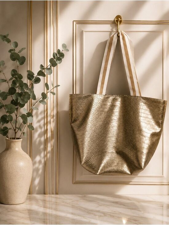 Saks Fifth Avenue Black Label Handbags - Saks Fifth Avenue Black Label Gold Croc Embossed Tote Striped Handles